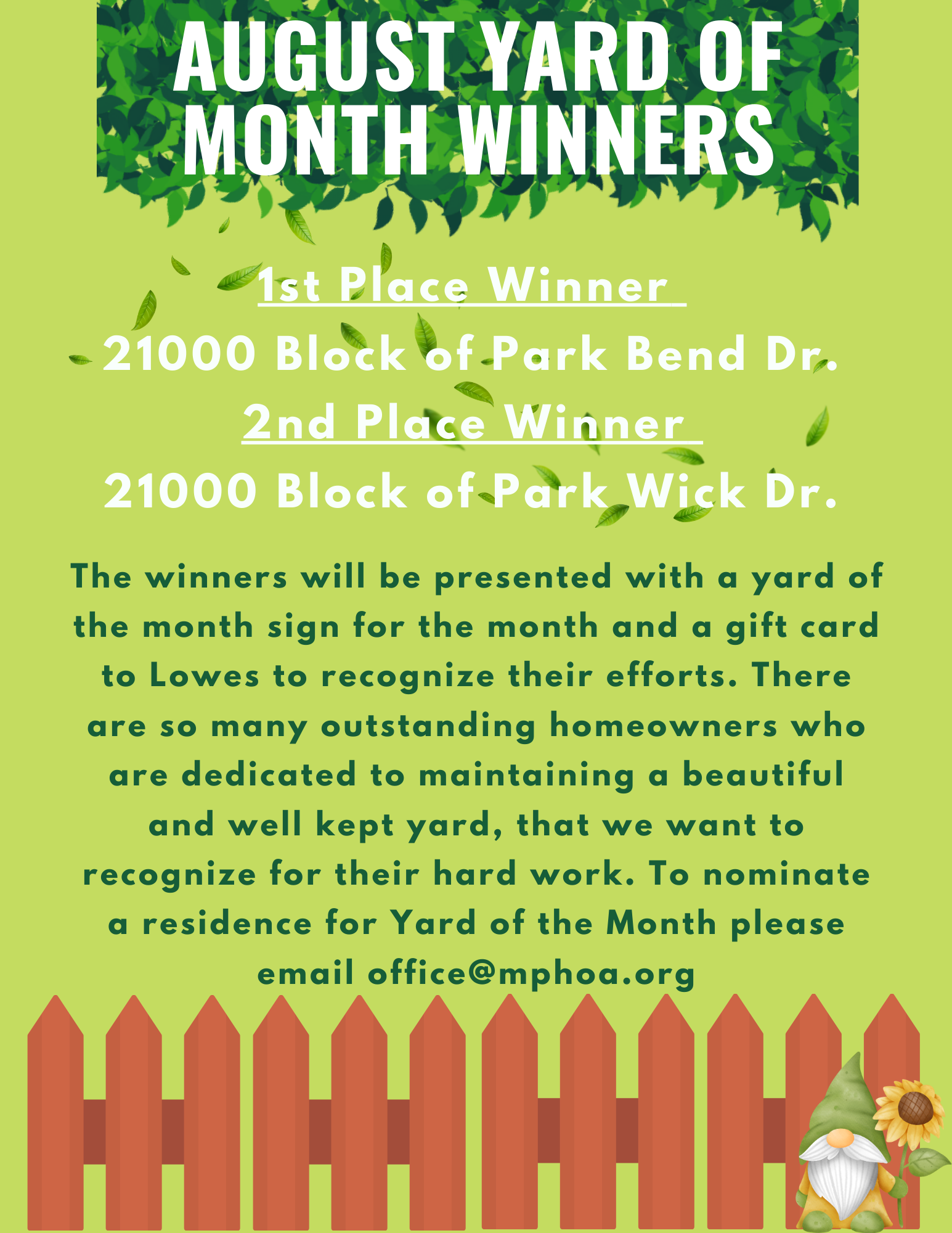 August Yard of month winners